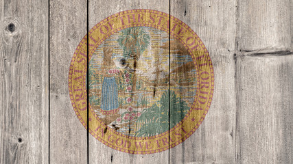 USA Politics News Concept: US State Florida Seal Wooden Fence Background