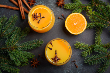 Fall Winter Cocktail Hot Spicy Orange Punch with Spices. Holiday Concept Decorated with Fir...
