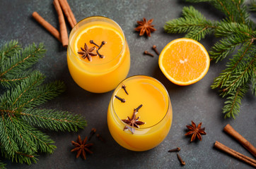 Fall Winter Cocktail Hot Spicy Orange Punch with Spices. Holiday Concept Decorated with Fir Branches and Spices.