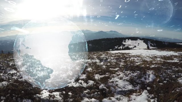 Futuristic network binary numbers data with artistic Earth globe motion over sunny mountain landscape. 