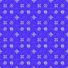 Christmas Retro Decoration. Snowflake white festive icons on blue background. Holidays vector seamless pattern. Pixel art design.