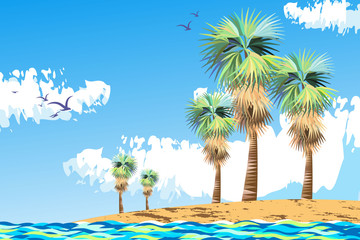 The natural vector landscape vich palms on sand shore of tropical island