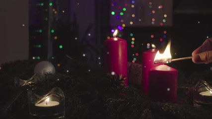 Animation Feliz navidad - Merry Christmas in spanish, white letters and red candles, falling snow - Powered by Adobe