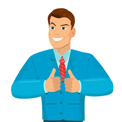 Businessman shows both hands a sign Thumb Up. Happy funny man show sight thumbs up and good luck.