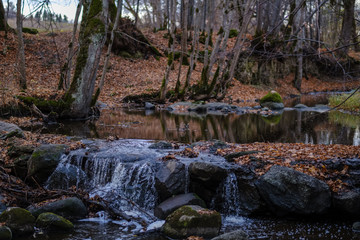 waterfall over the rocks in river stream in forest