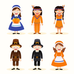 Vector set of cartoon thanksgiving character, indian and pilgrim isolated on white background