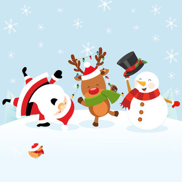 Santa Reindeer Snowman Celebrating Christmas