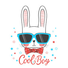Cute little rabbit with sunglasses, bow tie. Cool Boy slogan. Funny bunny face. Vector illustration design for t shirt graphics, fashion prints, slogan tees, posters and other uses