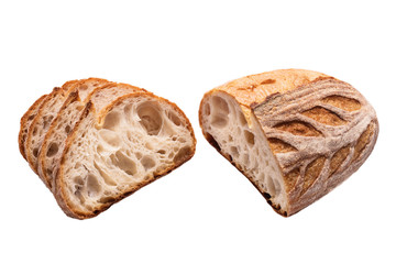 Slices of sourdough freshly baked bread on white background.