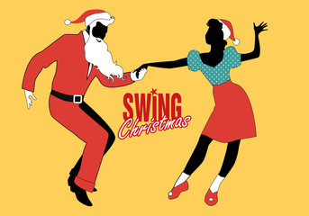 Christmas couple dancing swing, rock or lindy hop. Man dressed as Santa Claus and beautiful girl wearing Christmas clothes dancing retro music.