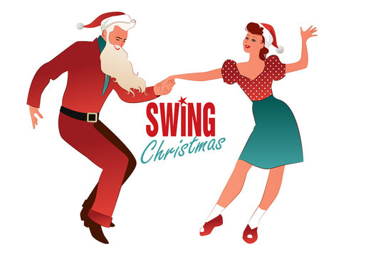 Christmas couple dancing swing, rock or lindy hop. Man dressed as Santa Claus and beautiful girl wearing Christmas clothes dancing retro music.