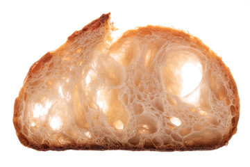 Slice of sourdough freshly baked bread on white background.