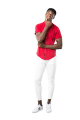 Full body of Young african american man standing and thinking an idea on white background
