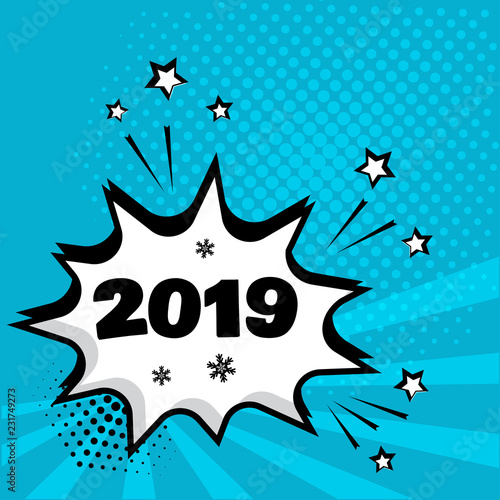 White Comic Bubble With 2019 Word On Blue Background Comic Sound