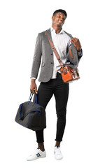 Full body of African american business man traveling with suitcases proud and self-satisfied in love yourself concept on white background