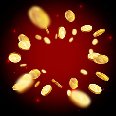 Realistic Gold coins explosion, on red background.