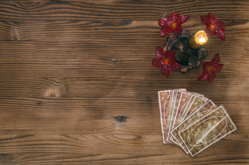 Tarot cards on fortune teller desk table background. Futune reading concept. Divination.