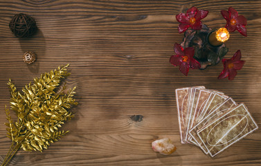 Tarot cards on fortune teller desk table background. Futune reading concept. Divination.
