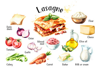 Lasagne-Rezept-Zutaten-Set. Gezeichnete Illustration des Aquarells Hand lokalisiert auf weißem Hintergrund