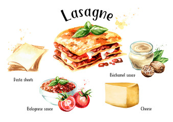 Lasagne-Rezept-Set. Gezeichnete Illustration des Aquarells Hand lokalisiert auf weißem Hintergrund