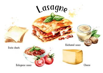 Foto auf Acrylglas Küche Lasagne-Rezept-Set. Gezeichnete Illustration des Aquarells Hand lokalisiert auf weißem Hintergrund
