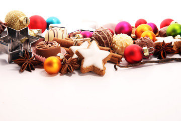 Baking christmas cookies. chocolate, cinnamon stars and spices.