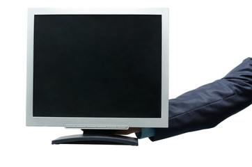 TV computer monitor with blank screen in the businessman hand isolated on white background.