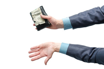 Businessman hand is holding a wallet with one dollar isolated on the white background. Lack of money. Pay the bill.