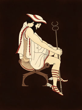 Hermes or Mercury seated thoughtful with caduceus and winged sandals, based on ancient greek pottery and ceramics red-figure drawings