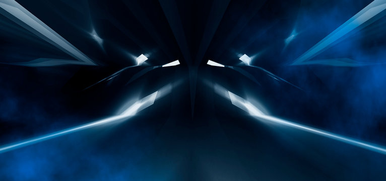 Abstract dark tunnel with neon lights illumination and smoke © MiaStendal