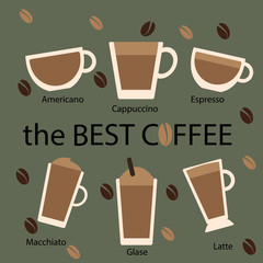 Coffee icons set vector on a grean background