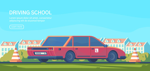 Driving school. Practical testing of maneuvers and exercises to improve driving skills. Flat vector illustration.