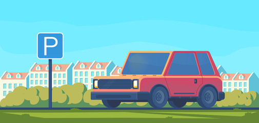 Parking lot with car in city. Sign for parking area. Flat vector illustration.