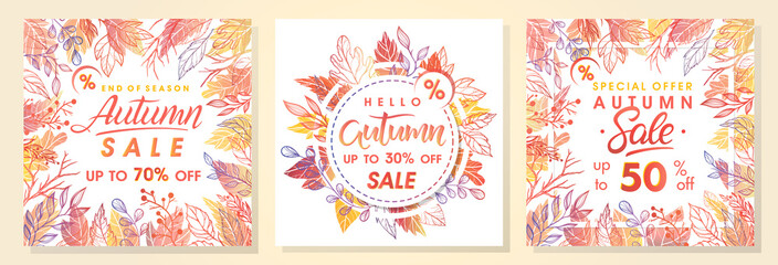 Naklejka premium Autumn special offer banners with autumn leaves and floral elements in fall colors.Sale season card perfect for prints, flyers,banners, promotion,special offer and more. Vector autumn promotion..