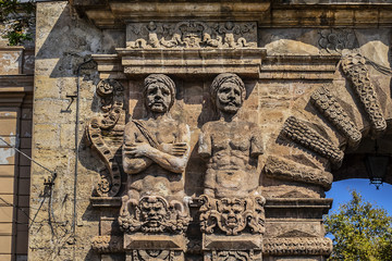 Monumental city gate of Palermo - Porta Nuova (1583 - 1669). Porta Nuova is located beside Palazzo dei Normanni (Palermo old royal palace). Palermo, Sicily, Italy.