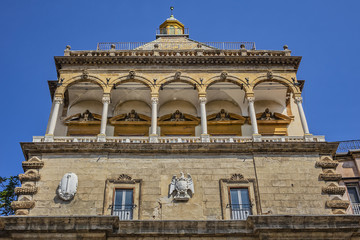 Fototapeta na wymiar Monumental city gate of Palermo - Porta Nuova (1583 - 1669). Porta Nuova is located beside Palazzo dei Normanni (Palermo old royal palace). Palermo, Sicily, Italy.