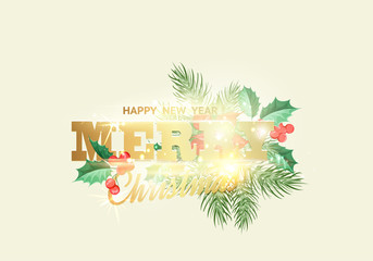 Floral garland or red poinsettia with merry christmas sign over white background. Vector illustration.