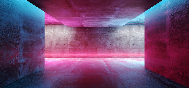 Modern Futuristic Sci Fi Concept Club Background Grunge Concrete Empty Dark Room With Neon Glowing Purple And Blue Pink Neon Lights 3D Rendering © IM_VISUALS