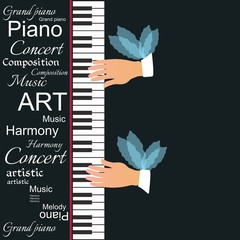 Fototapeta na wymiar Conceptual vector illustration with winged hands playing the piano keys isolated on black background. Template for a unique music poster or invitation card in a vector.