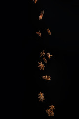 star badiana fall on a black background. Food for food. Spices in motion.