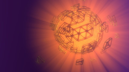 Abstract 3d rendering concept of high poly sphere with chaotic mesh grid cellular mulecular structure. Sci-fi background with polygonal shape in empty space with light god rays. Futuristic design bio