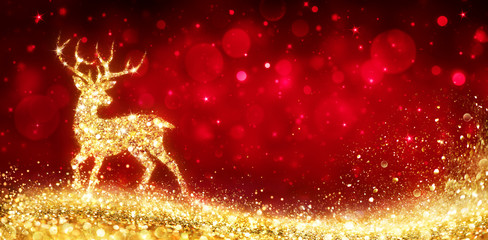 Christmas Card - Magic Golden Deer In Shiny Red Background