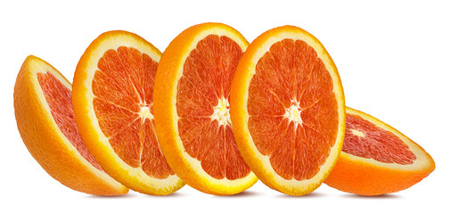 Juicy orange slices isolated on white background with clipping path