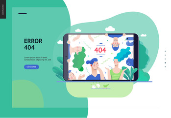 Business series, color 3 - error 404 -modern flat vector concept illustration of page Error 404 - puzzled people on the tablet screen. Page not found metaphor Creative landing page design template