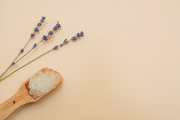 bath salts and lavender, spa concept. flat lay, top view. 