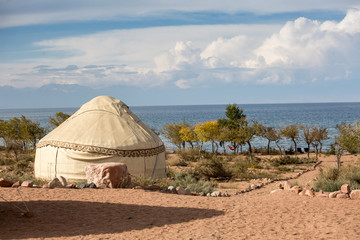 Kyrgyzstan landscape with yurts near Issyk-kul