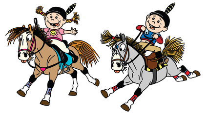 cartoon boy and girl riding pony horses in the gallop. Children horseback summer riding camp or vacation. Funny equestrian sport . Vector illustration