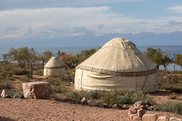 Kyrgyzstan landscape with yurts near Issyk-kul