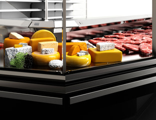 Cheese and meat in a showcase. 3D illustration.