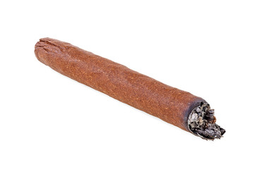 Brown cigar on white background. Burned cigar.